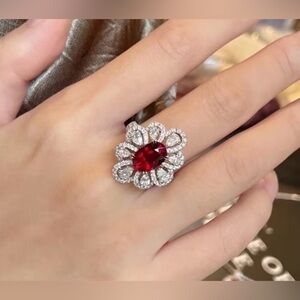 Vibrant Red Floral Halo Cocktail Ring with White Stones Accents